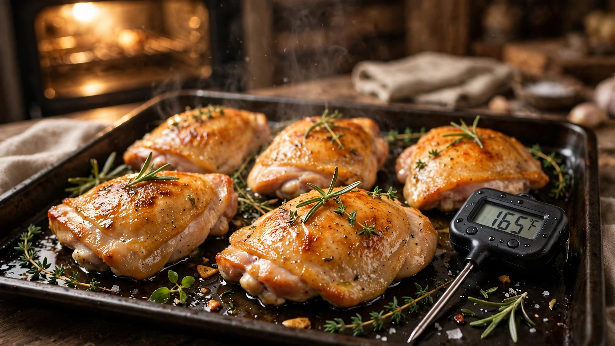 Golden-brown baked boneless skinless chicken thighs on a sheet pan with rosemary and thyme sprigs and an instant-read meat thermometer, fresh from the oven
