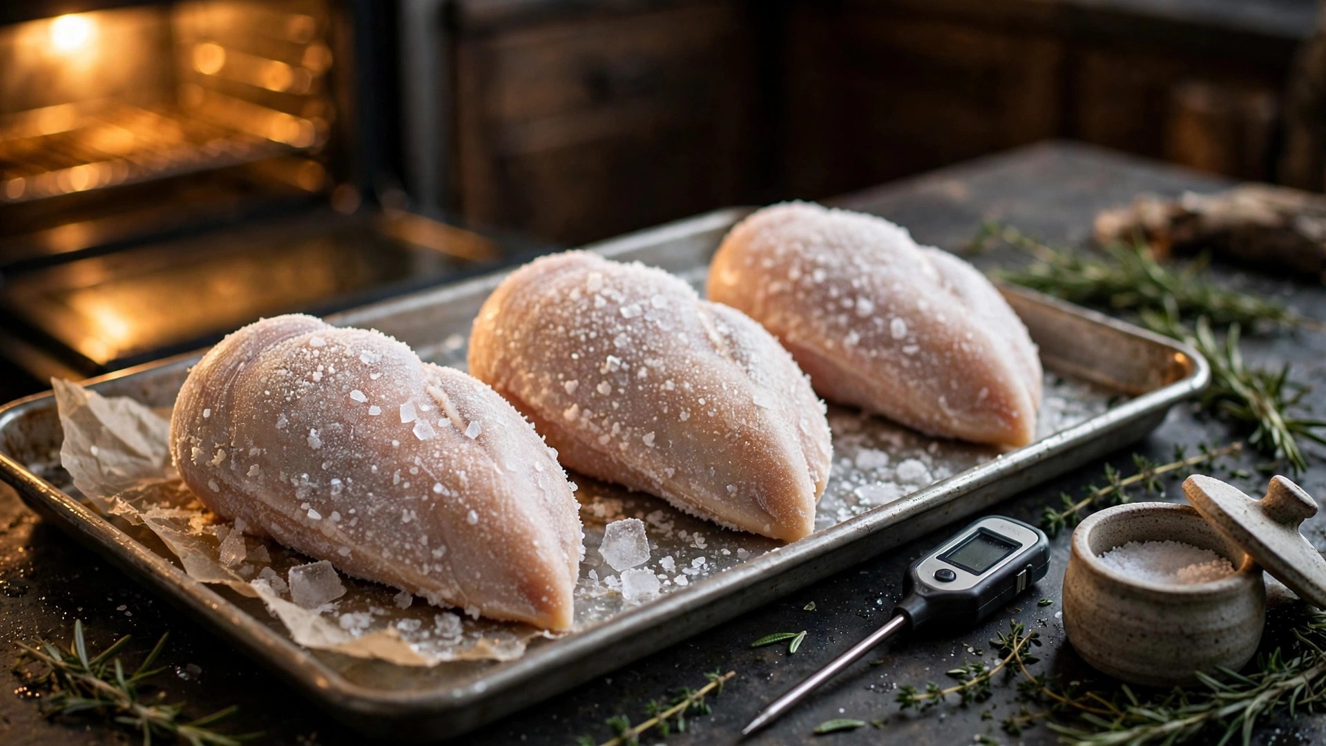 Frozen chicken breasts with visible frost and ice crystals on a parchment-lined sheet pan, with an instant-read thermometer, salt cellar, rosemary and thyme sprigs nearby
