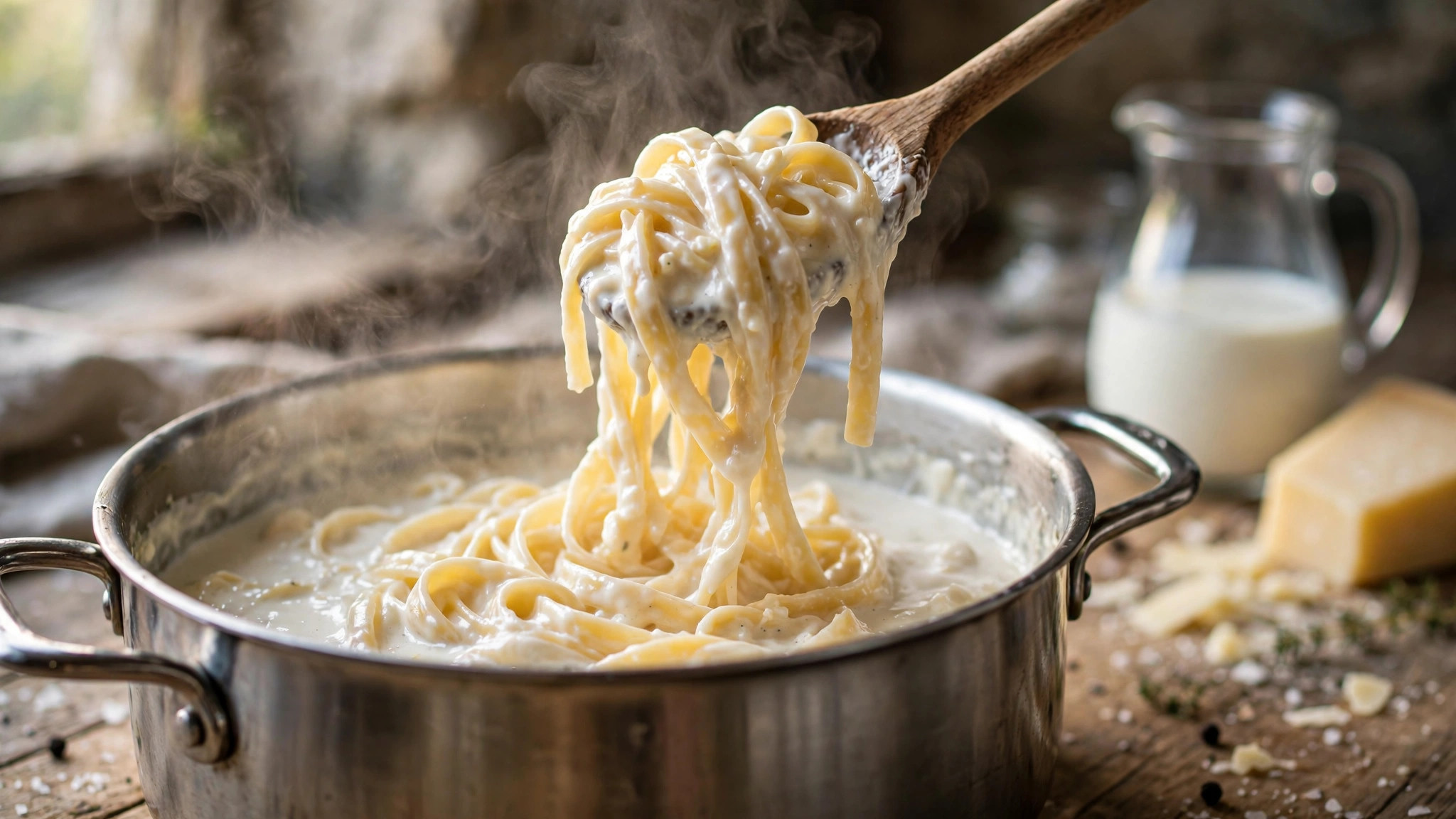 Creamy pasta cooked in milk in a saucepan with a wooden spoon lifting glossy fettuccine