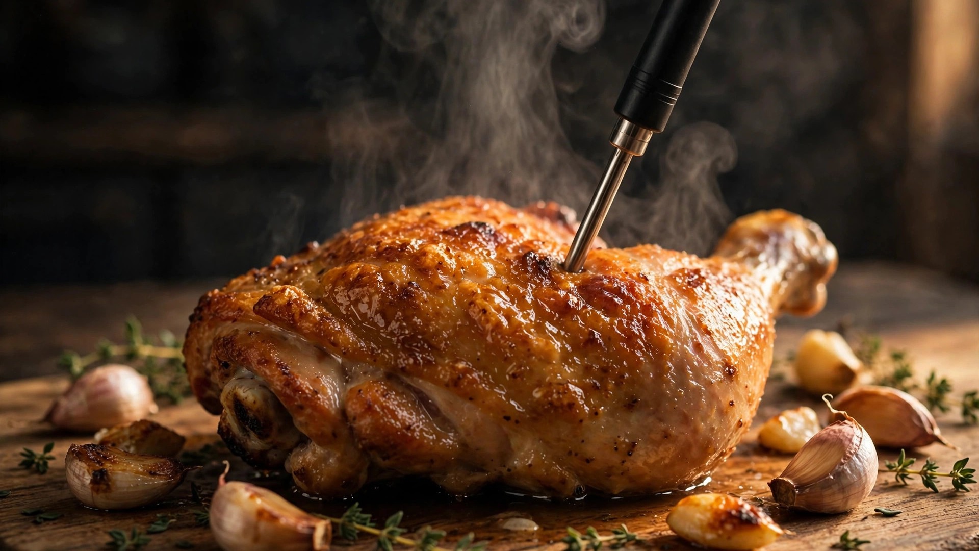 Juicy roasted chicken thigh being checked with an instant-read probe thermometer in the thickest part, steam rising on a wooden board with roasted garlic and thyme