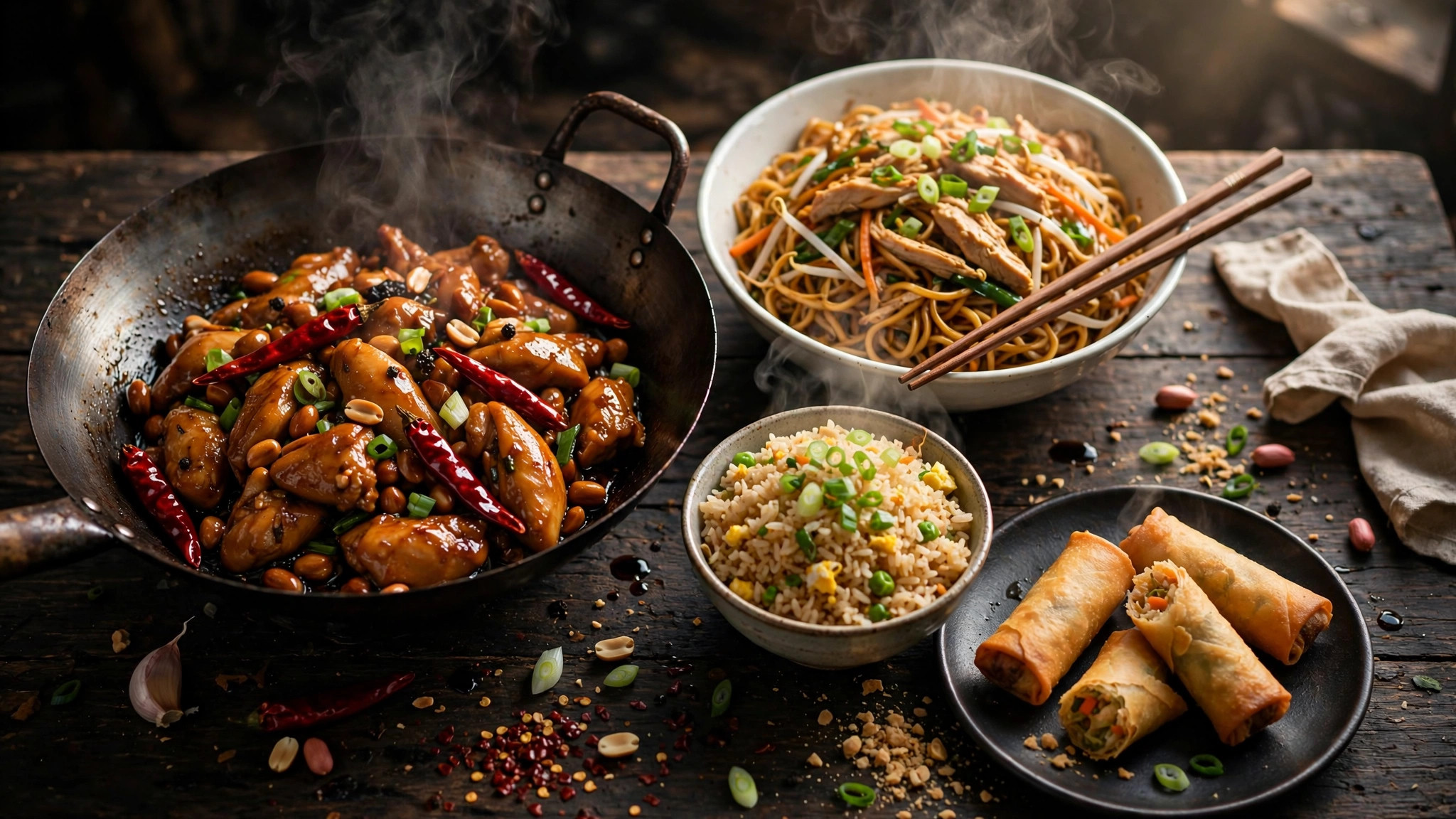 Homemade Chinese takeout spread: kung pao chicken in a wok, chicken lo mein with chopsticks, fried rice and crispy spring rolls