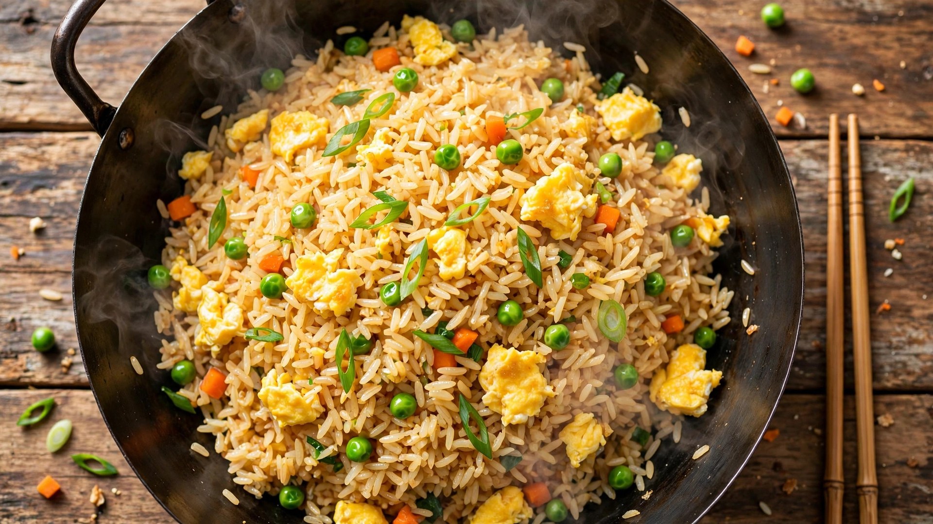 Overhead shot of a wok full of golden fried rice tossed with scrambled egg pieces, green peas, diced carrots and sliced scallions, steam rising, no dark soy sauce glaze