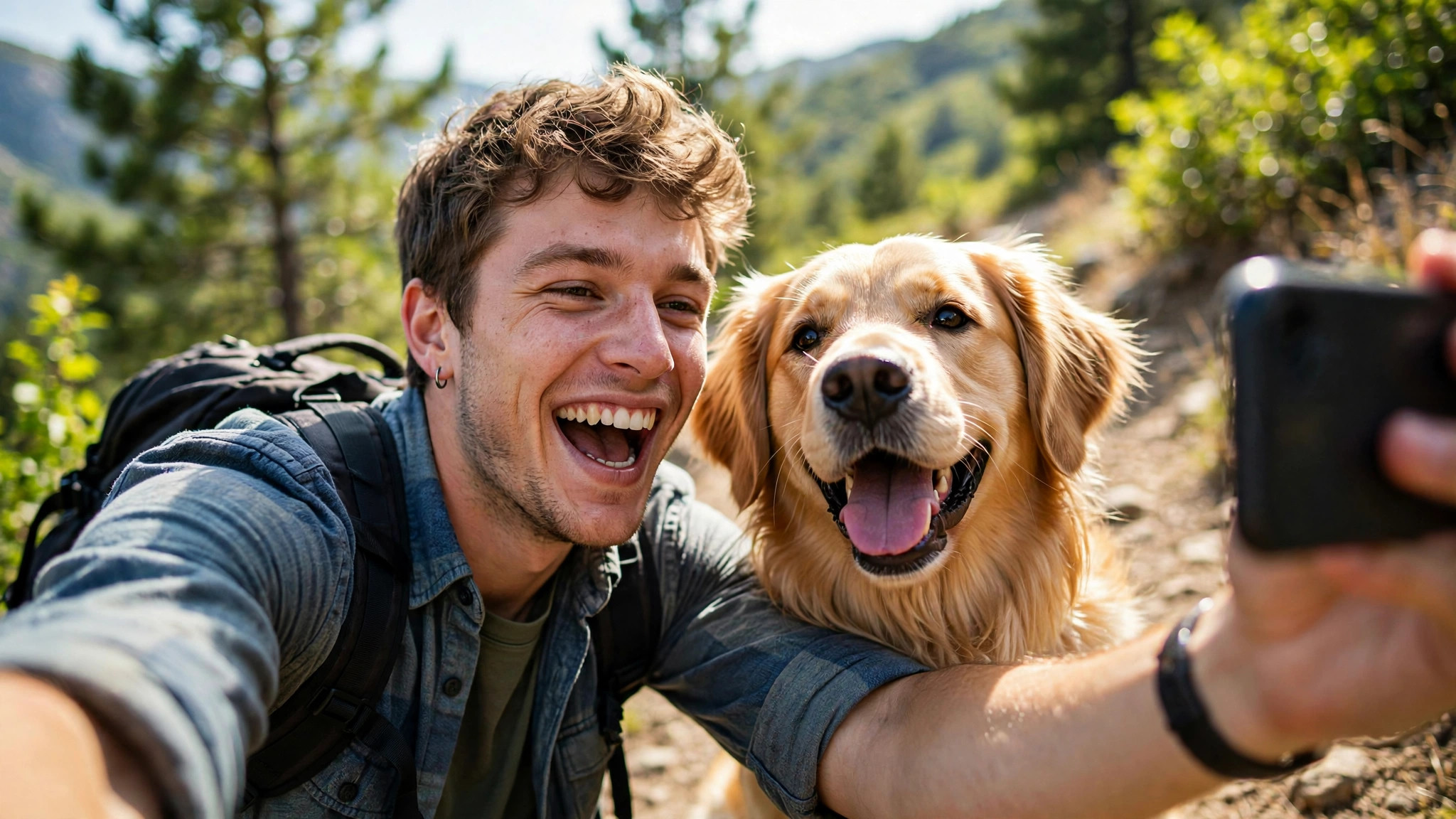 Young man taking a goofy selfie with a golden retriever on a hiking trail — a funny dating profile photo idea