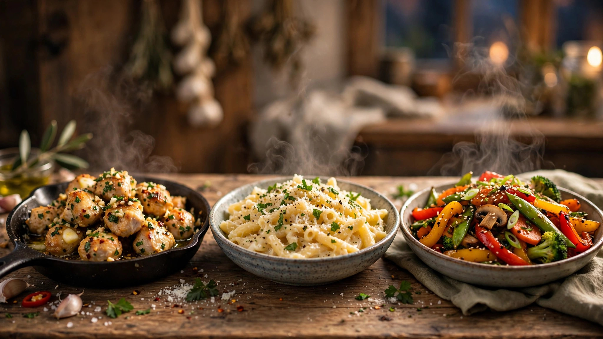 Three 15-minute weeknight dinners: garlic butter chicken bites, creamy pasta, and vegetable stir-fry