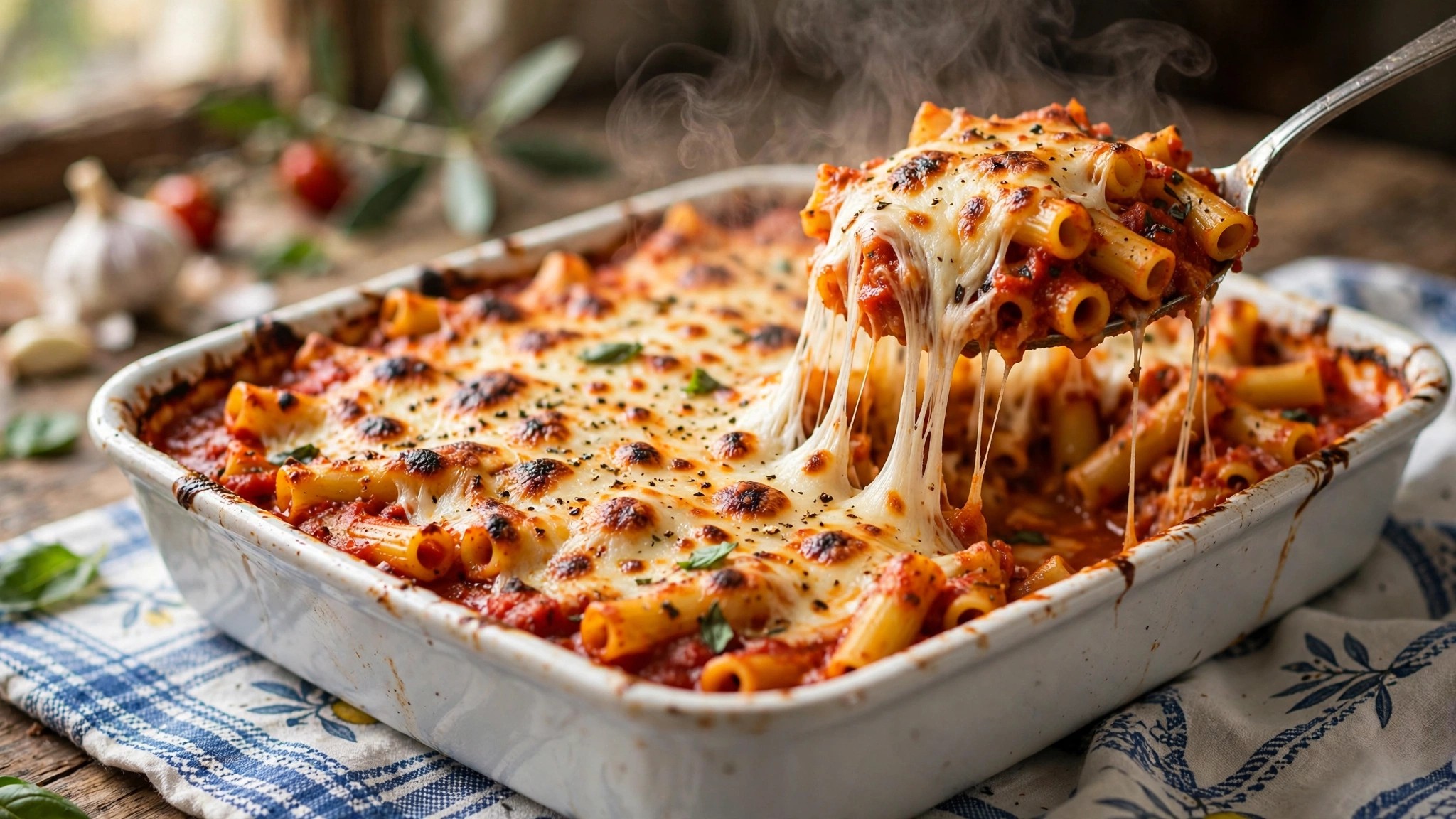 Bubbling baked ziti without ricotta in a white baking dish: golden browned mozzarella over ziti tubes in marinara sauce, cheese pull from a serving spoon