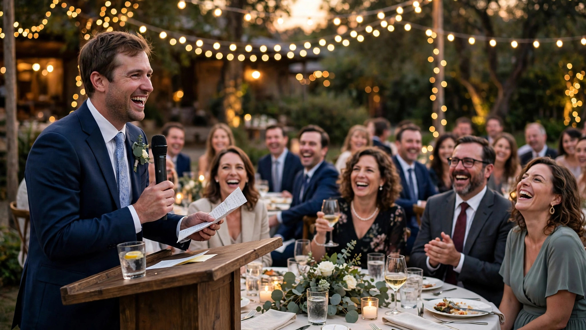 A best man standing at a wedding podium with a microphone, smiling while wedding guests laugh at his speech