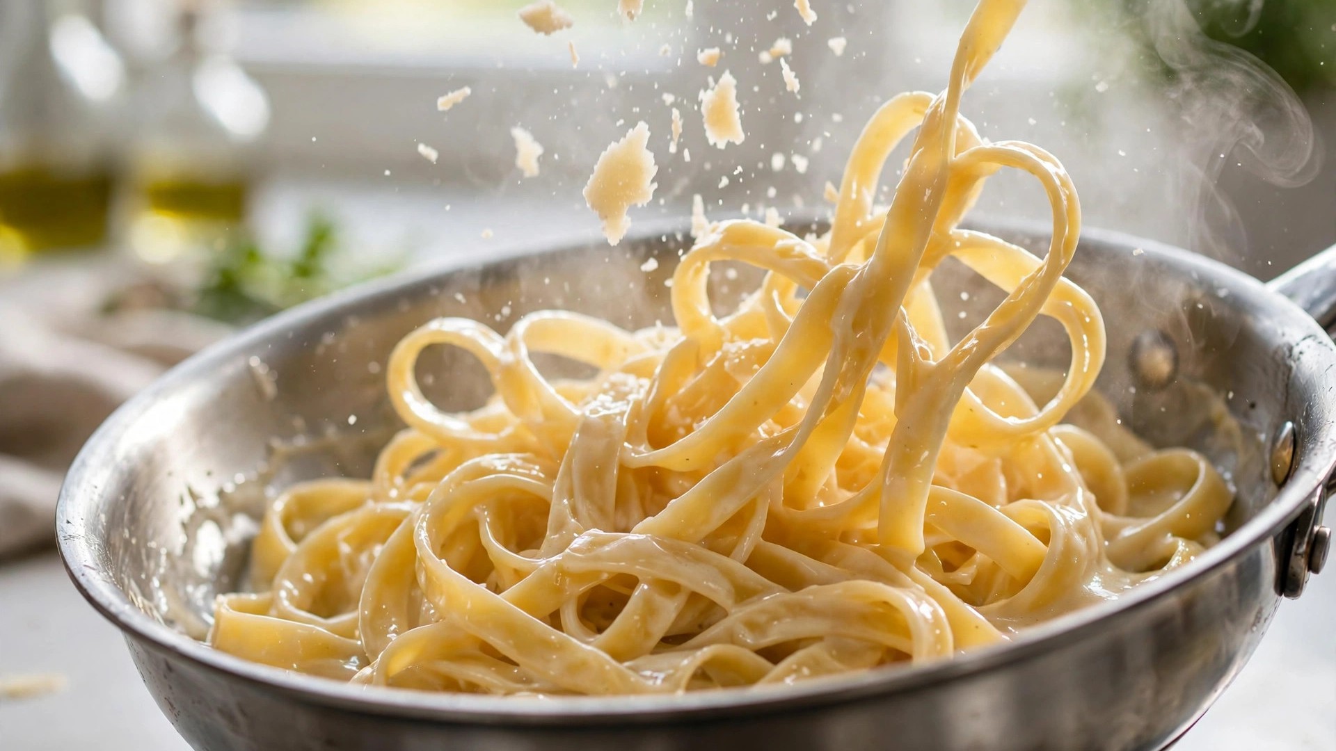 Fettuccine tossed in a silky creamy sauce made without cream