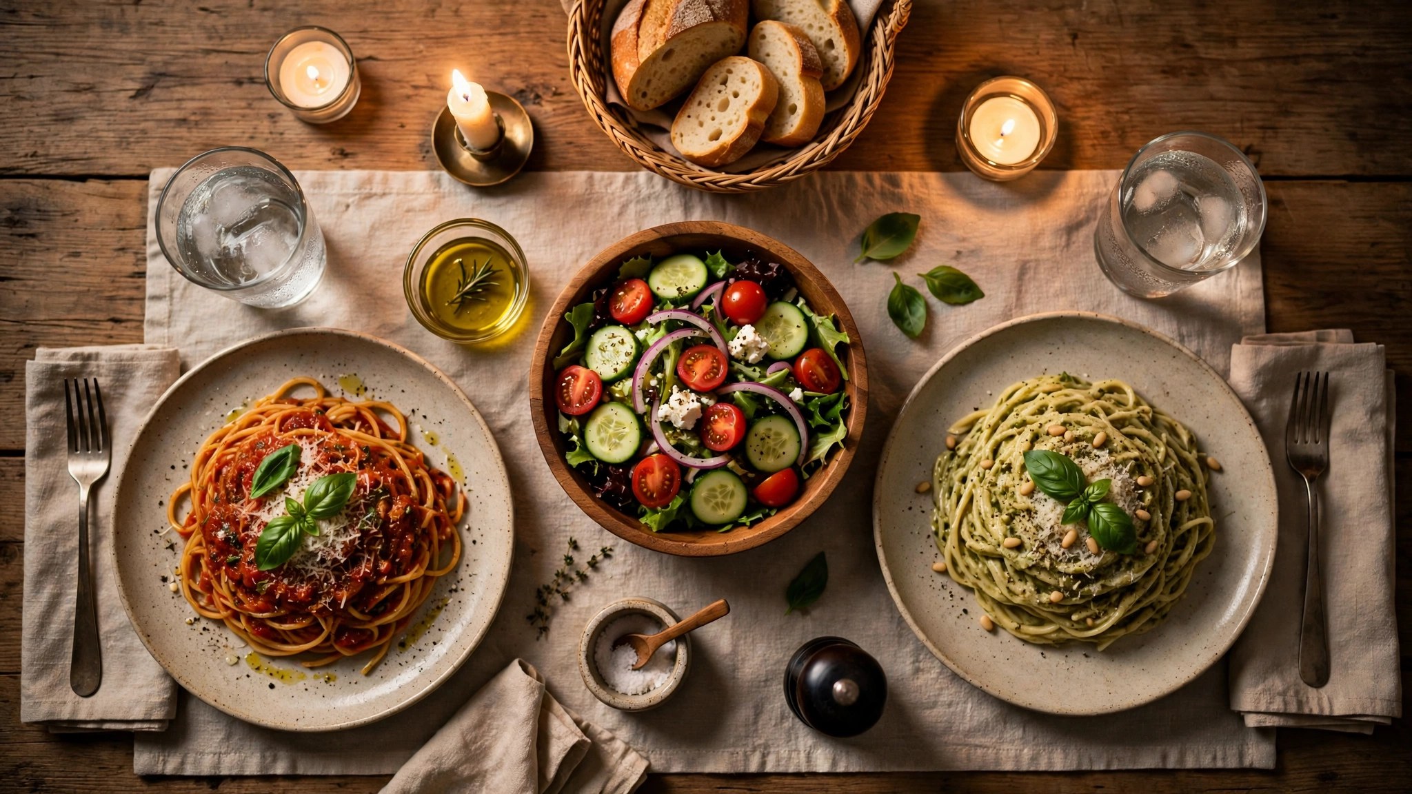 A cozy dinner table set for two with two plates of pasta, two glasses of water, a shared salad bowl and warm candlelight