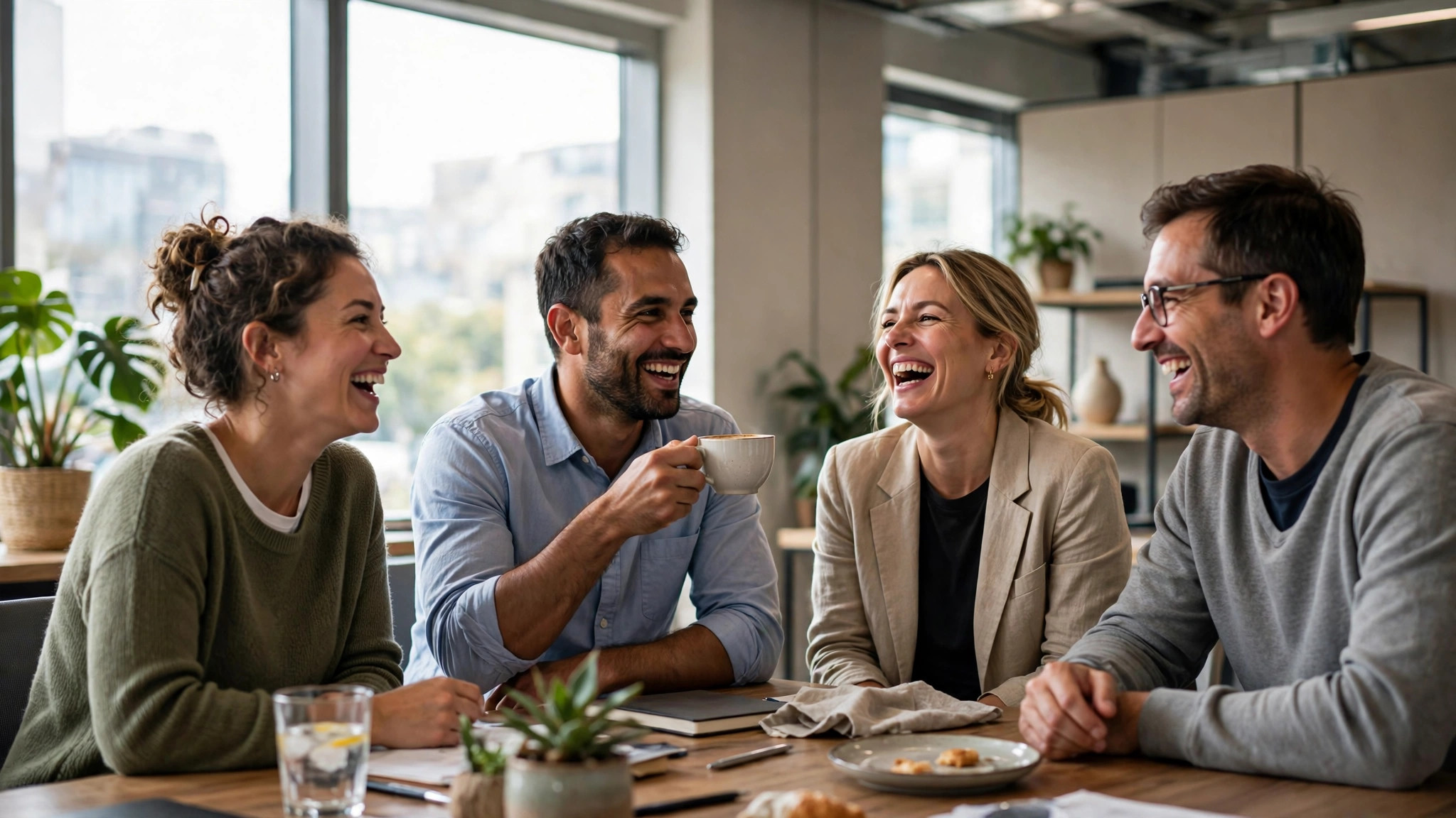 Coworkers laughing naturally around a table in a bright office meeting room, one holding a coffee cup