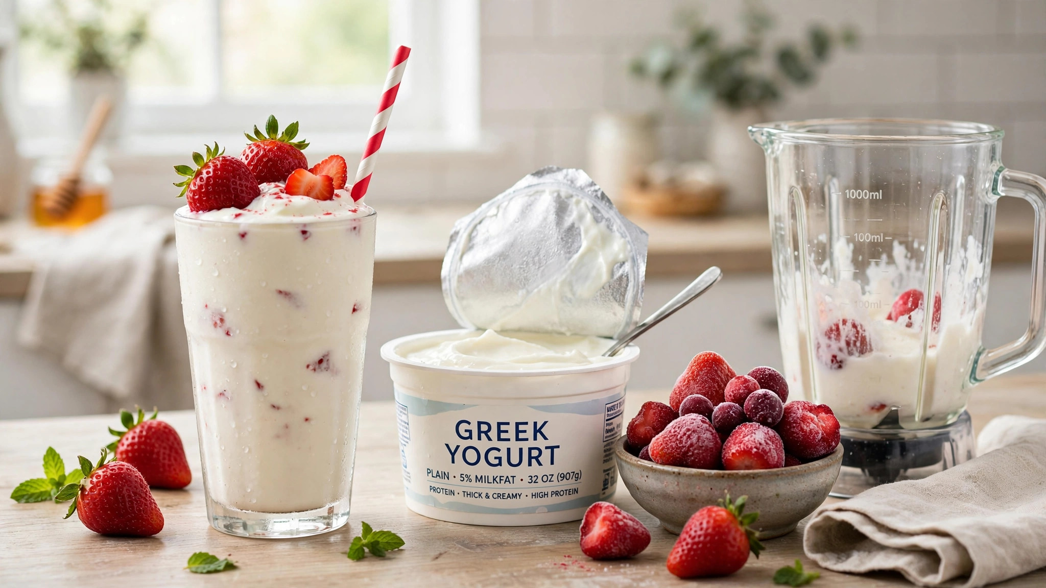 A thick Greek yogurt milkshake in a tall glass with a striped straw, topped with fresh strawberries, next to an open tub of Greek yogurt and frozen strawberries