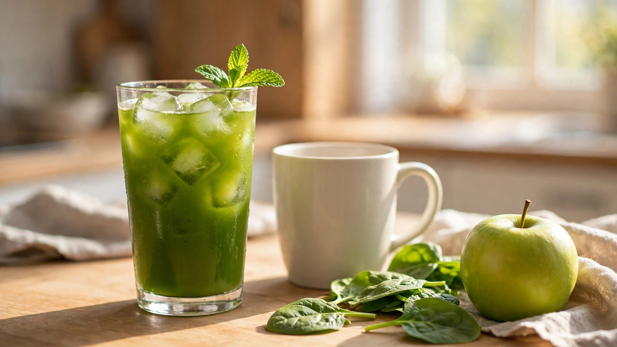 A tall glass of green juice with ice and mint beside a plain white coffee mug, spinach leaves and a green apple on a sunny kitchen counter