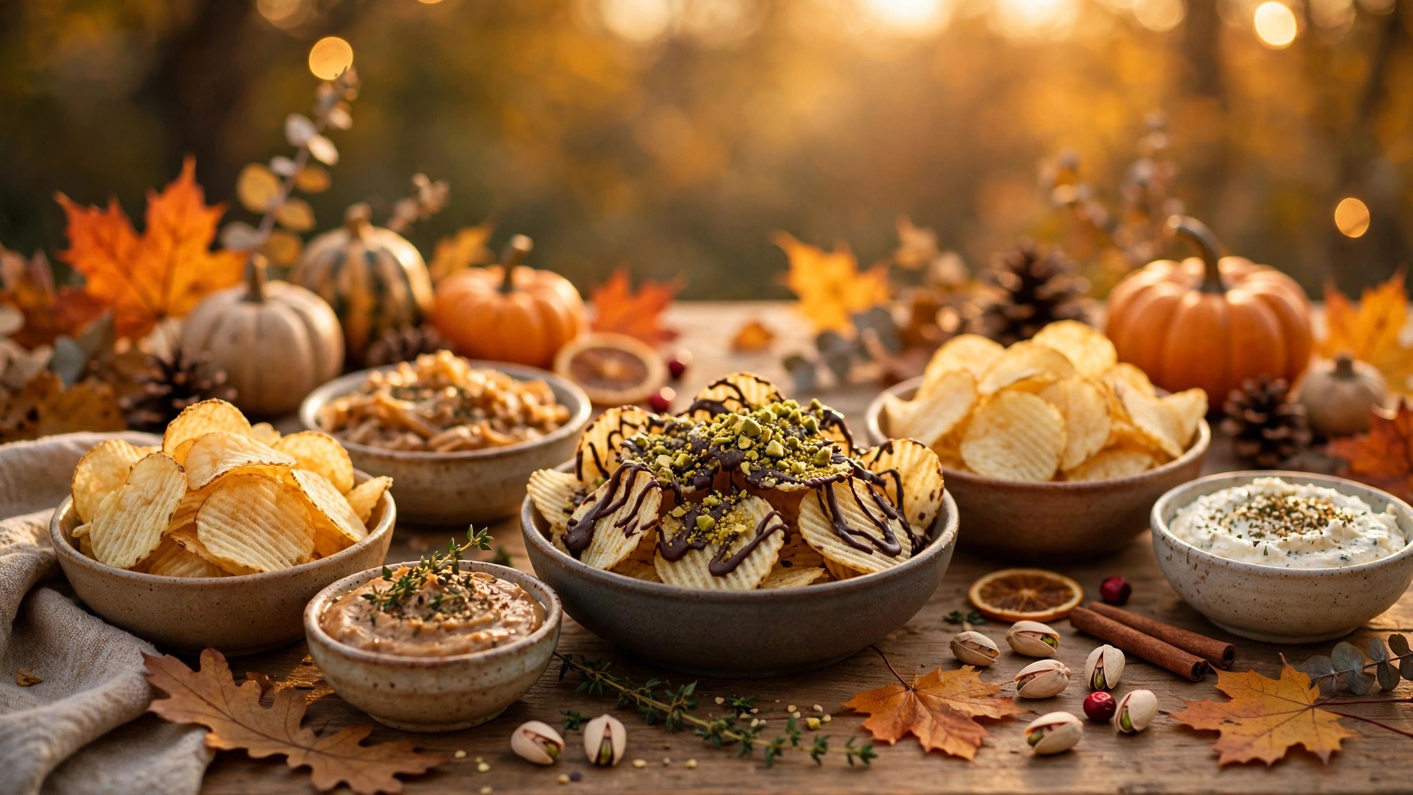 A Thanksgiving snack table with bowls of ridged potato chips, chocolate-drizzled chips topped with crushed pistachios, dips, pumpkins and autumn leaves