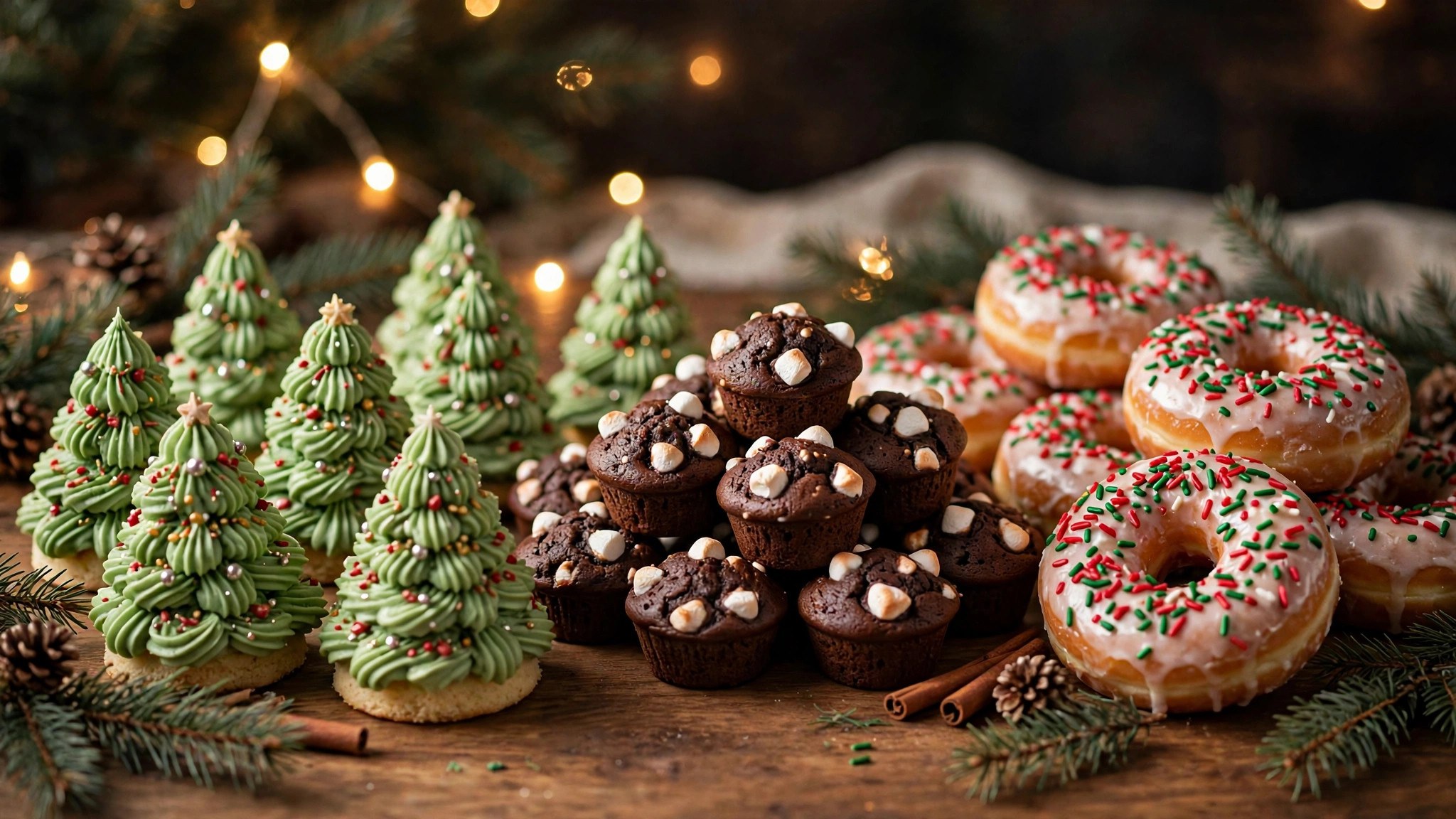 A festive Christmas snack table with tree-shaped frosted snack cakes, small chocolate muffins topped with marshmallow bits, and glazed donuts with red and green sprinkles