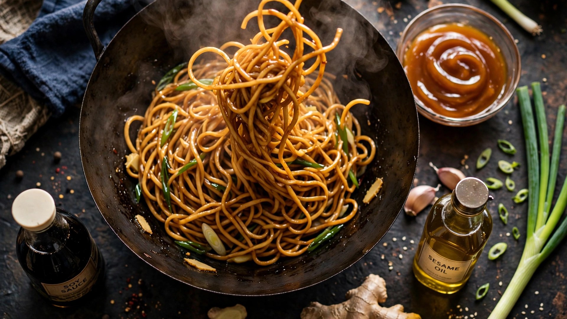 Glossy lo mein noodles tossed in a dark wok next to a small glass bowl of amber lo mein sauce with soy sauce, sesame oil, ginger and green onions nearby