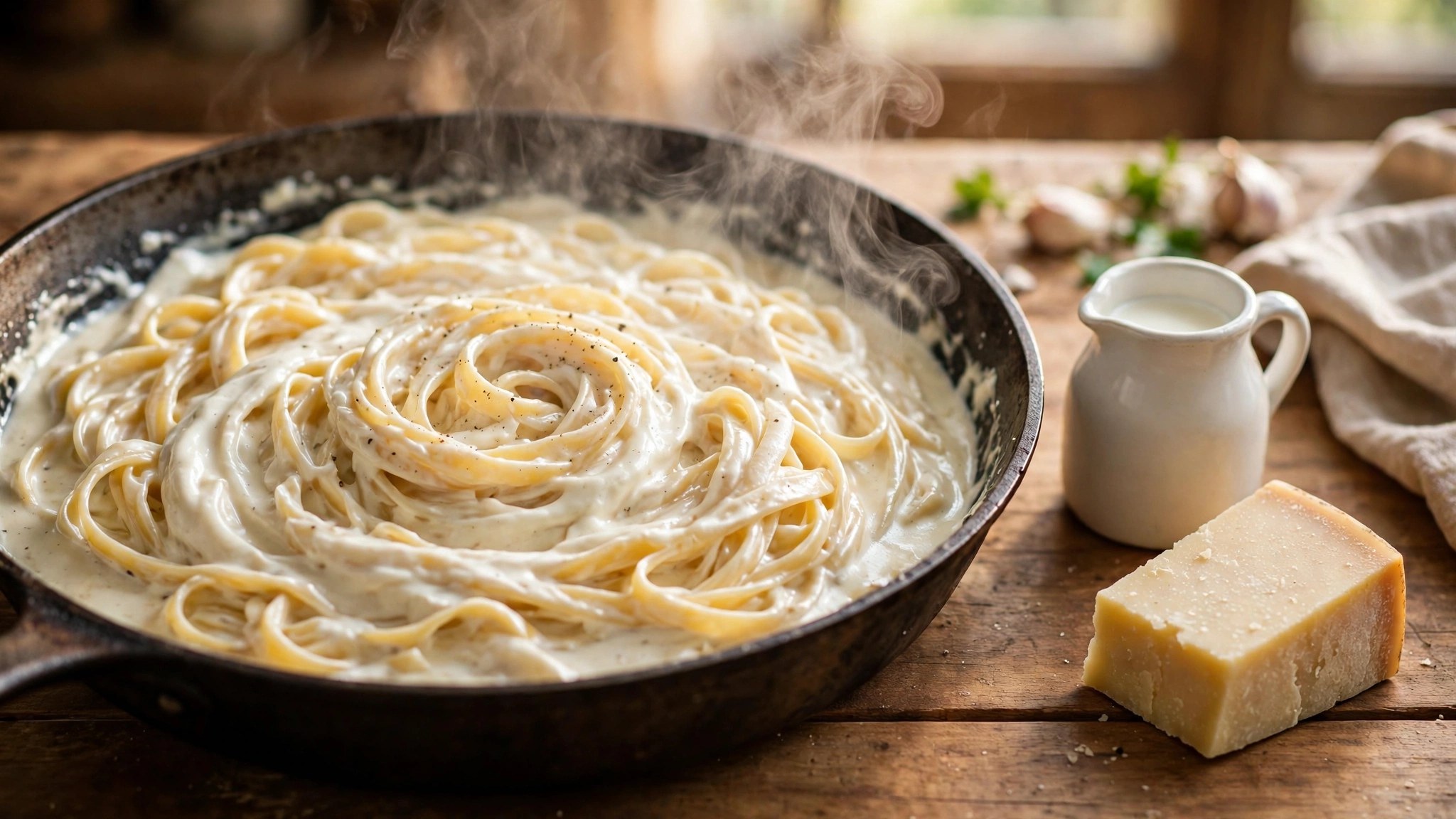 Creamy white alfredo pasta twirled in a large skillet, with a small jug of milk and a block of parmesan beside the pan