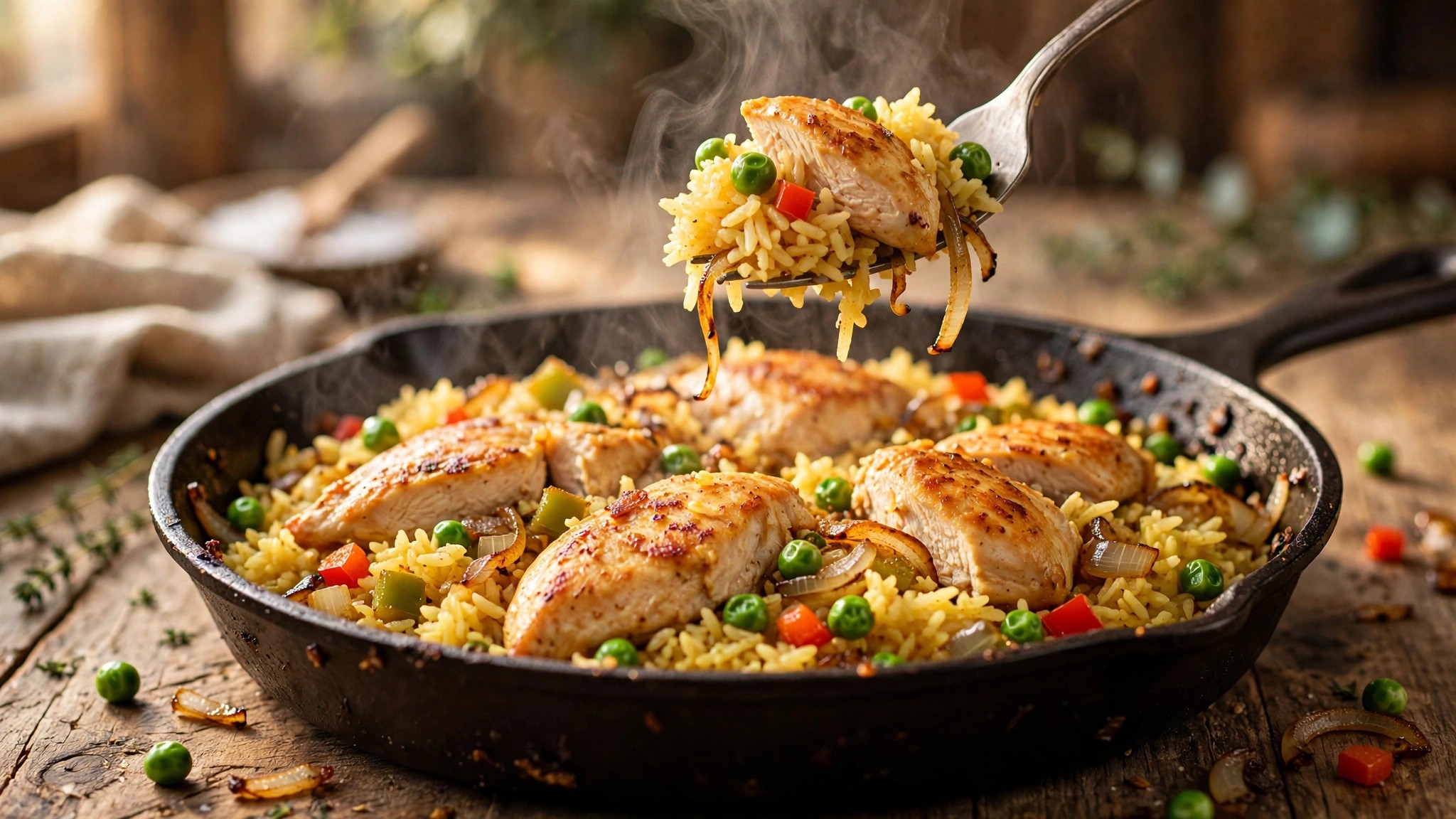 Steaming skillet of one-pan chicken and rice with golden seared chicken pieces, fluffy yellow rice, peas and diced bell peppers