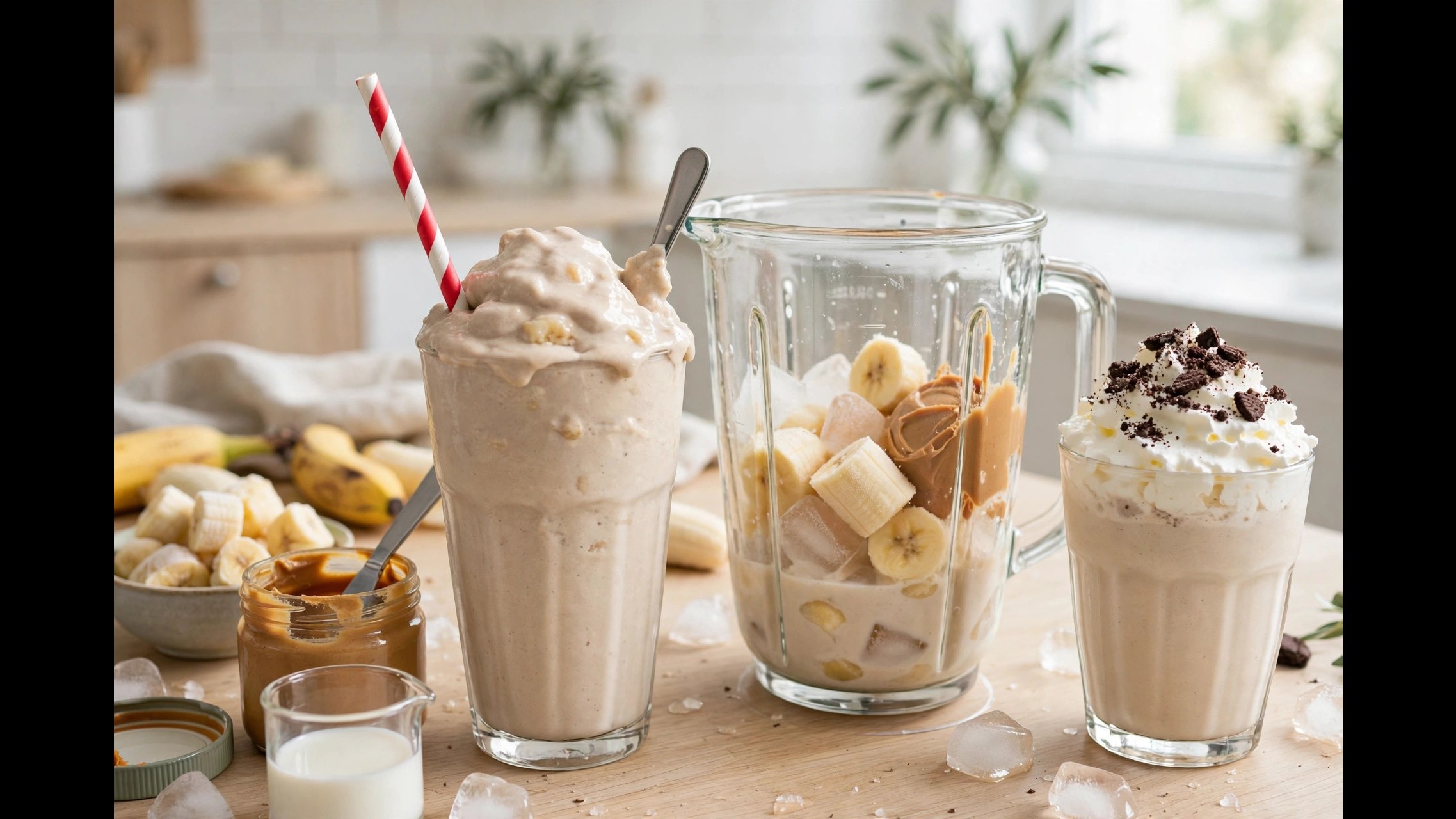 A thick milkshake in a tall glass with a striped straw, next to a blender jar with frozen banana chunks, peanut butter and milk