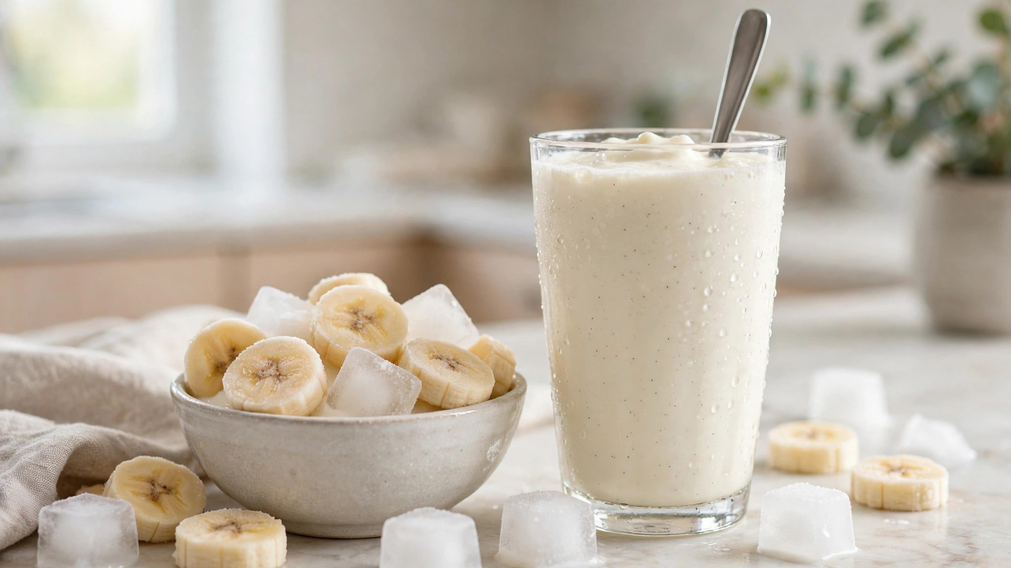 A thick vanilla milkshake in a tall glass with a spoon standing upright, next to a bowl of frozen banana slices and frozen milk cubes