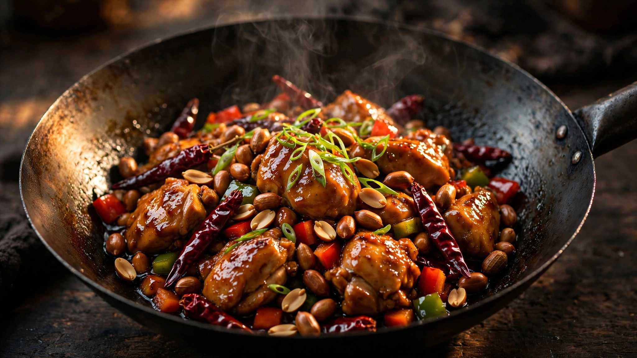 Homemade kung pao chicken: glossy chicken cubes with roasted peanuts, dried red chilies and scallions in a dark wok