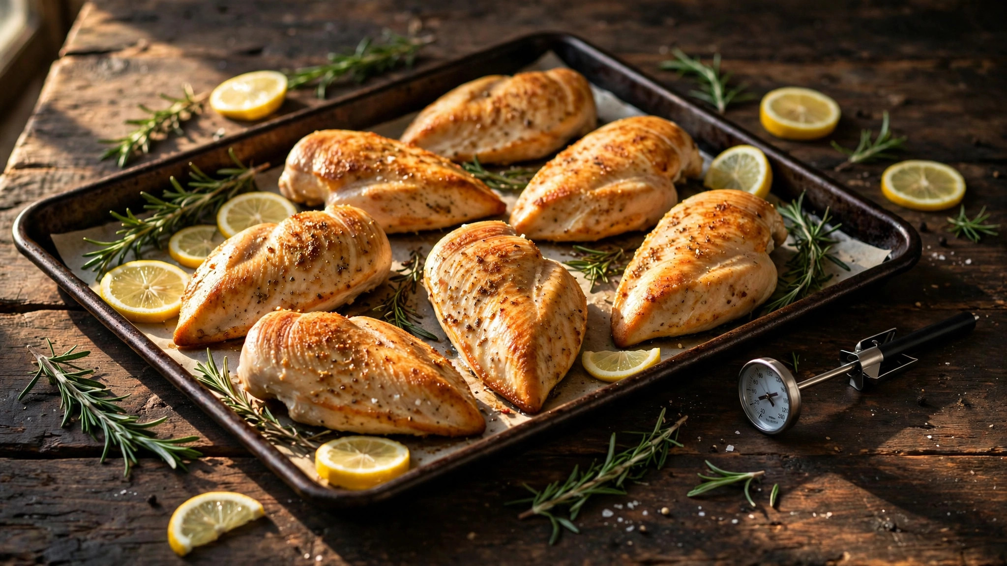 Juicy baked chicken breasts on a sheet pan with rosemary, lemon slices and a meat thermometer