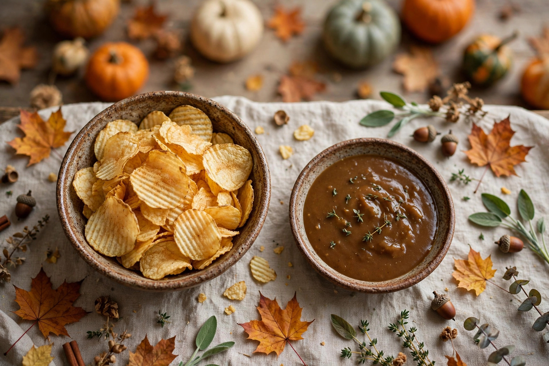 Ridged potato chips in a bowl beside a dish of gravy on a Thanksgiving table