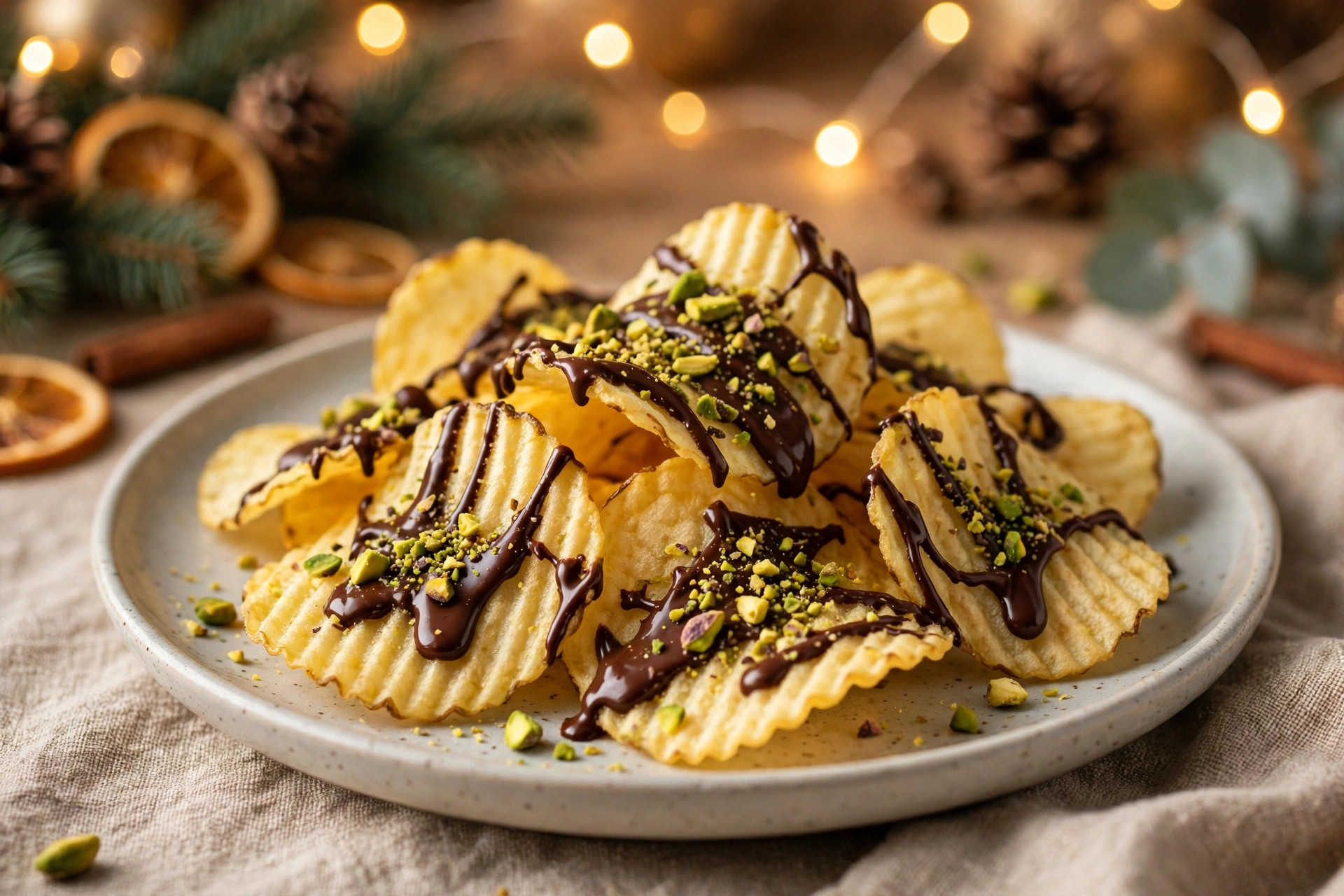 Ridged potato chips drizzled with dark chocolate and crushed pistachios on a plate
