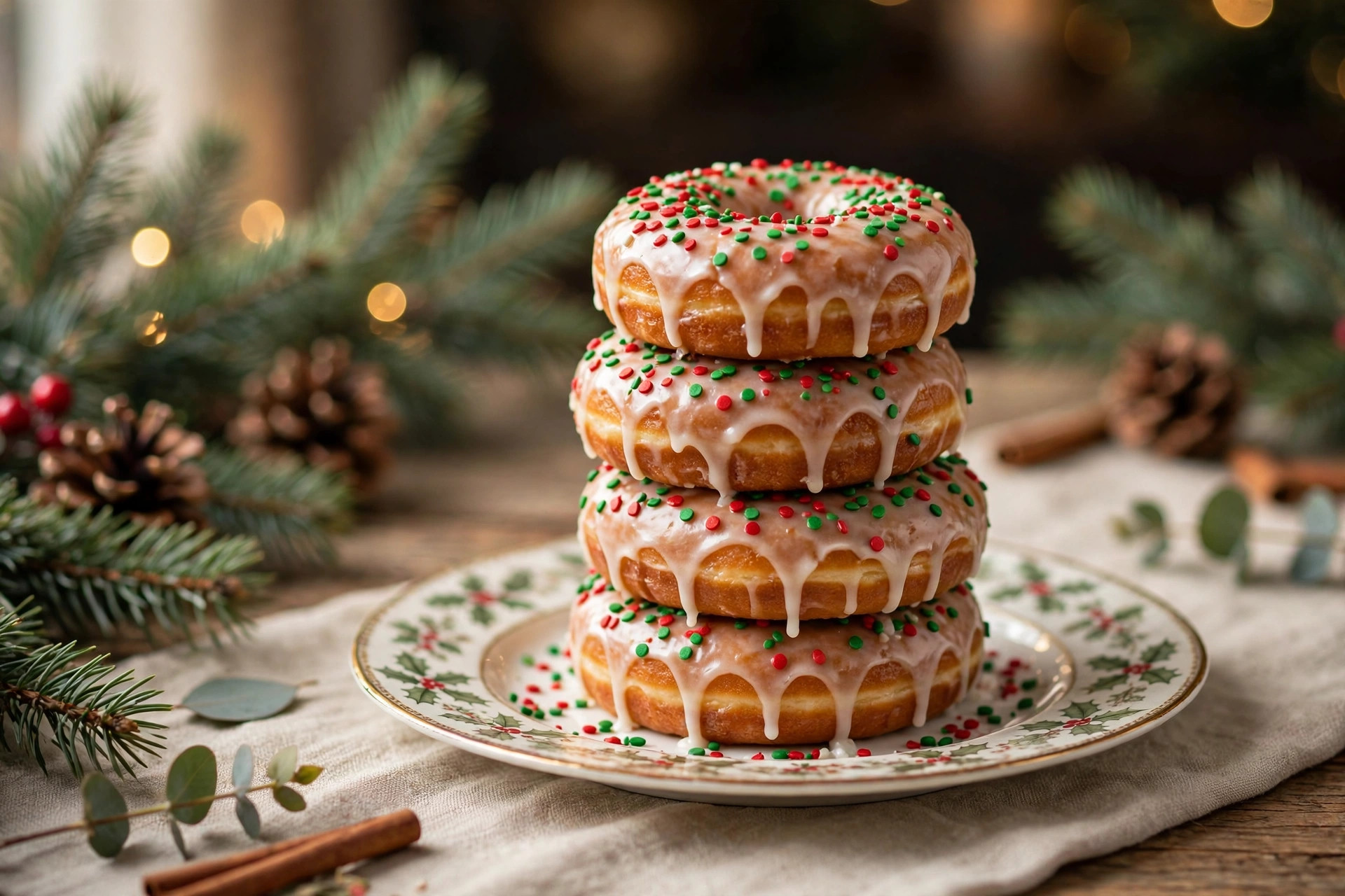 Glazed cake donuts with red and green sprinkles stacked on a holiday plate