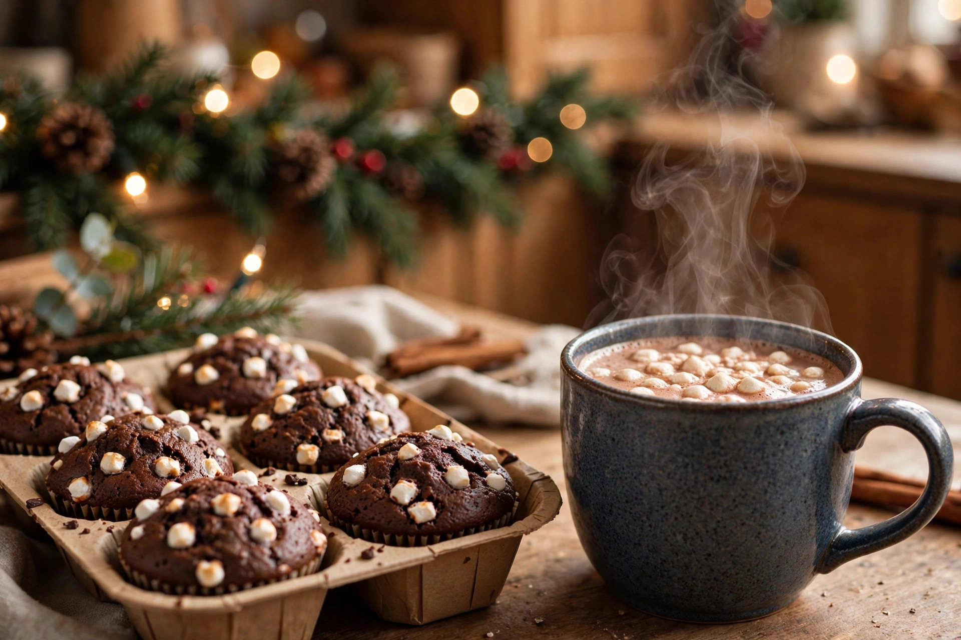 Small chocolate muffins with marshmallow bits in a tray beside a mug of hot cocoa
