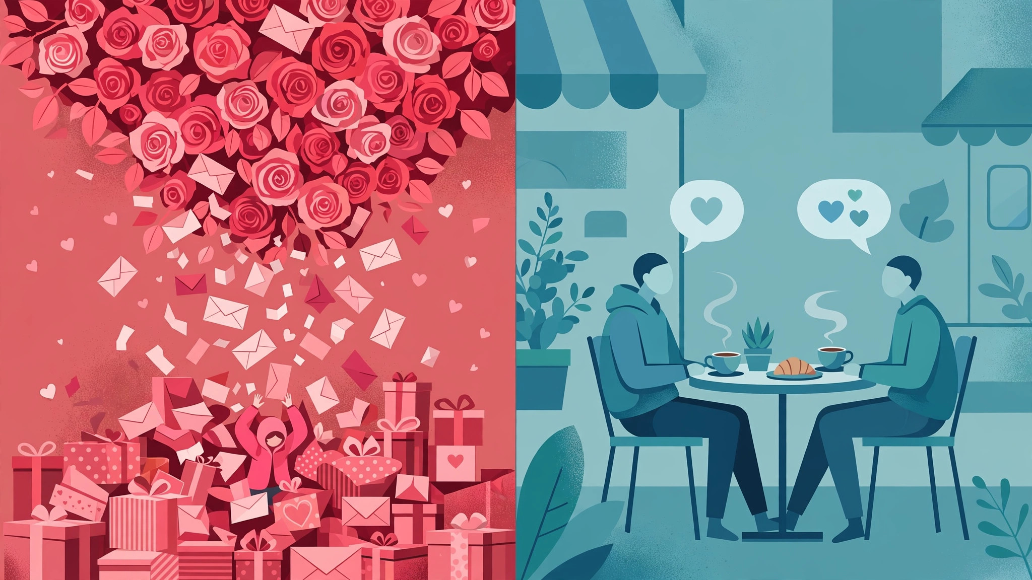 Love bombing vs genuine interest: overwhelming roses and gifts compared with a calm coffee date