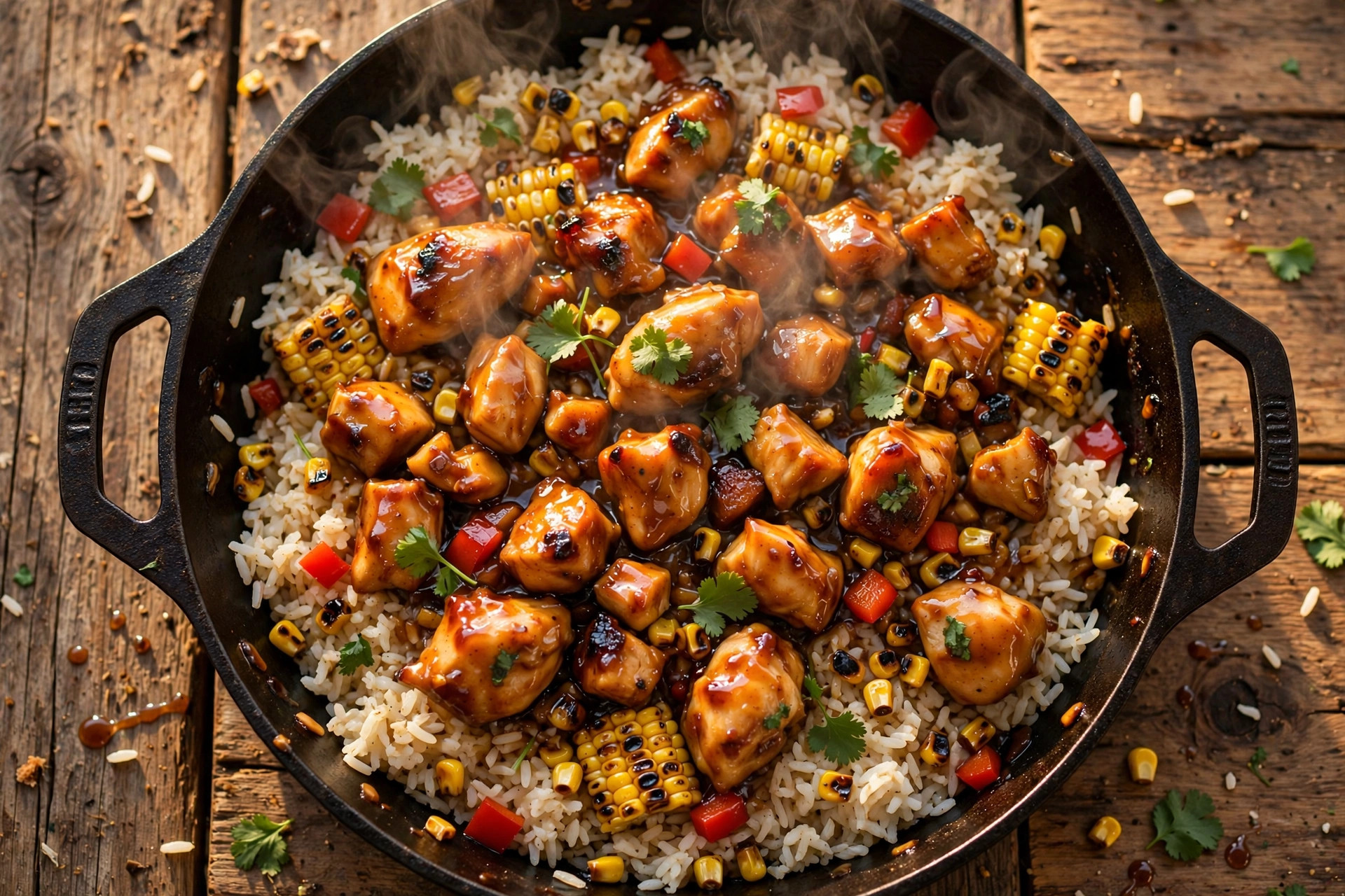 Glossy honey BBQ chicken pieces with caramelized sticky glaze resting on a bed of fluffy white rice in a black cast-iron skillet, steam rising, garnished with chopped green scallions