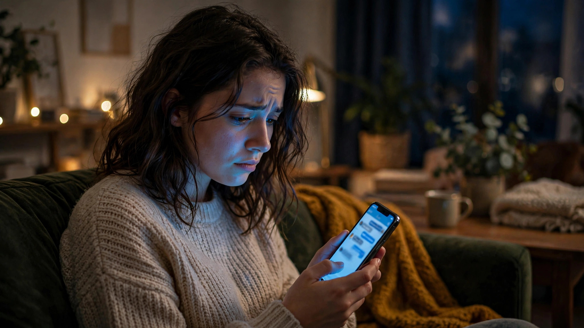Worried woman sitting alone on a couch late at night, face lit by her phone screen as she stares at a short dry text message and waits for a reply