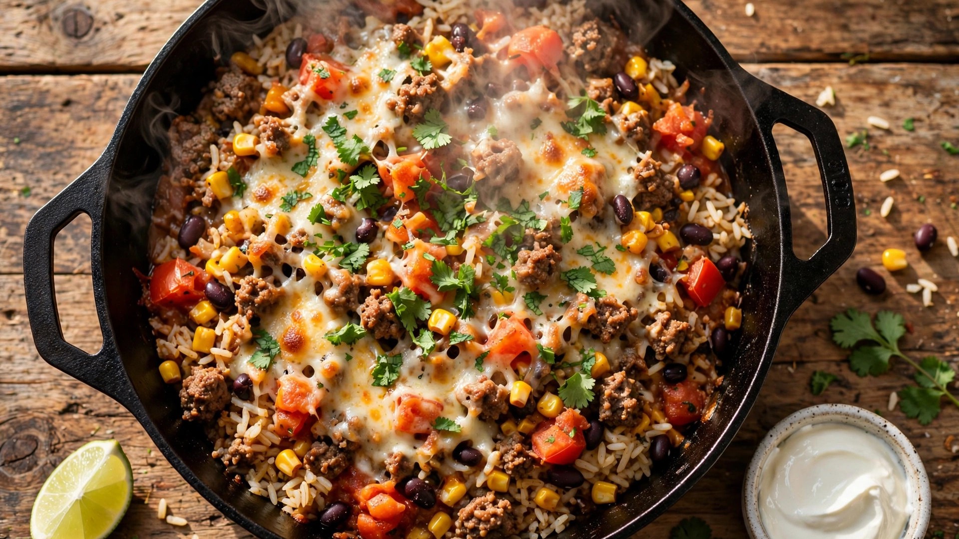 Overhead shot of a sizzling one-pan taco skillet: seasoned ground beef, fluffy rice, melted Mexican-blend cheese, diced tomatoes, corn, black beans, and fresh cilantro in a cast-iron skillet
