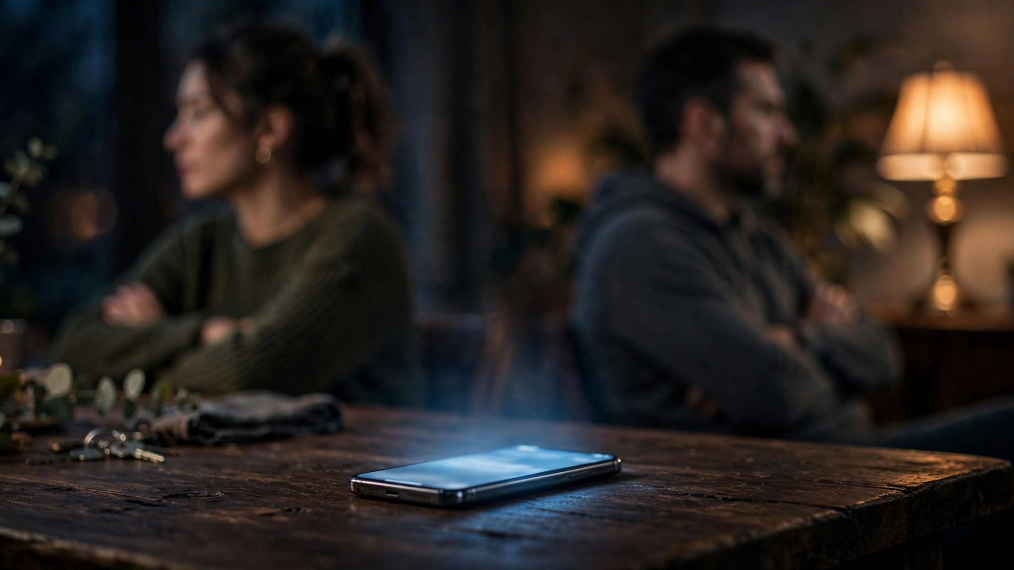 A glowing phone on the table between a distant couple — is daily texting with another woman cheating?