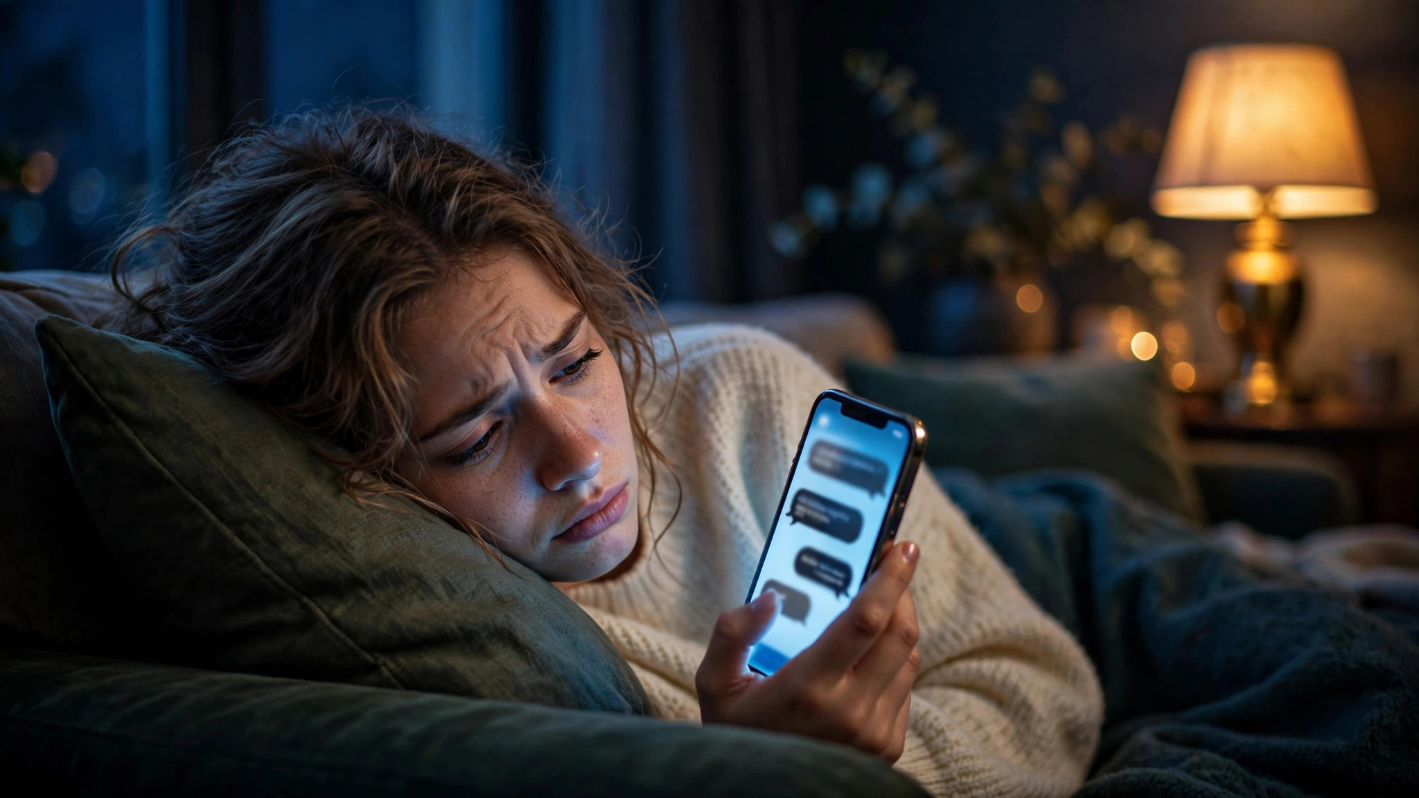 Worried young woman on a couch at night staring at short dry text message replies on her glowing smartphone