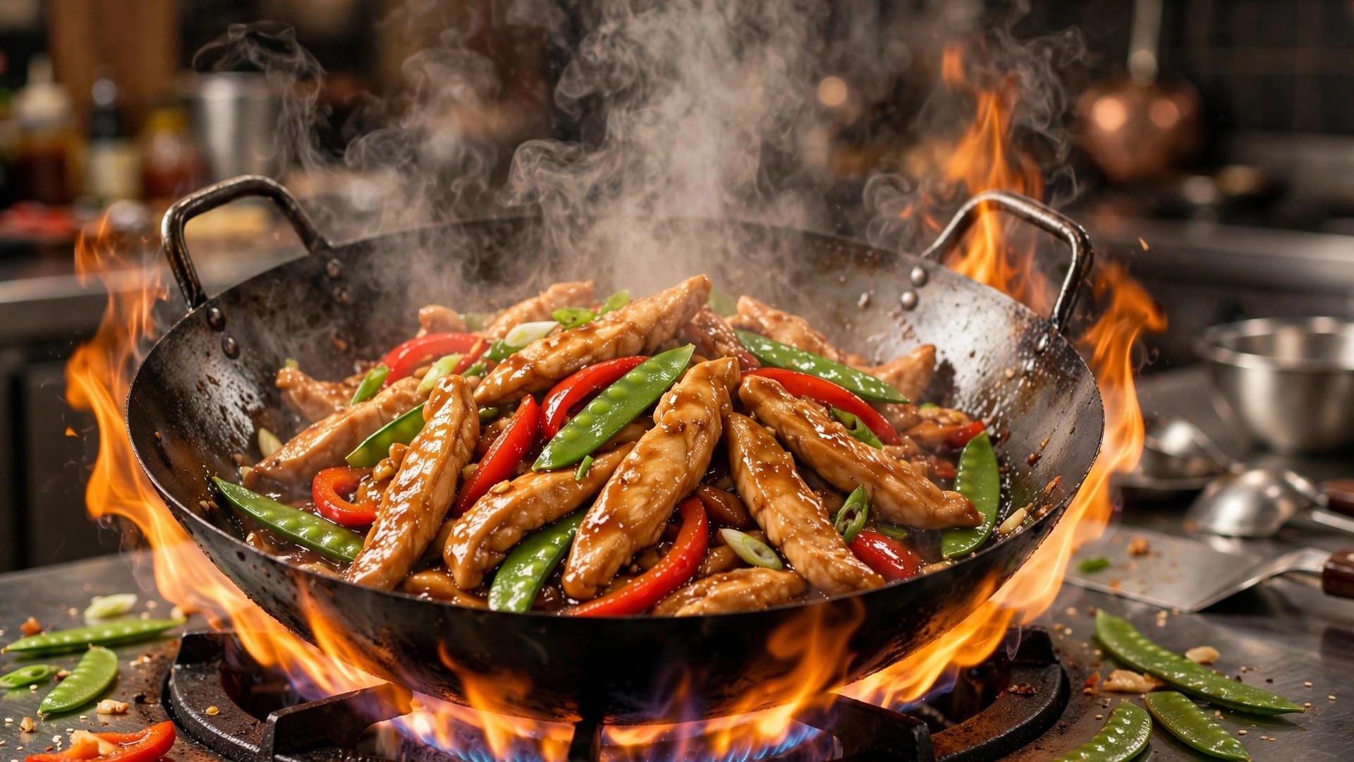 Silky velveted chicken strips stir-fried in a flaming wok with peppers and snow peas — the restaurant technique for tender stir-fry chicken