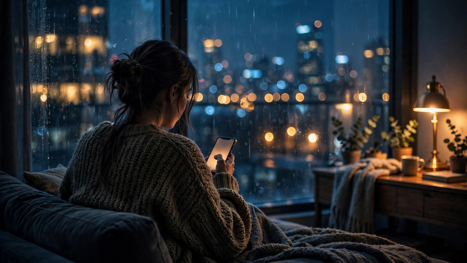 A woman sitting alone on a couch at night looking at her phone, thinking about whether to walk away after being cheated on