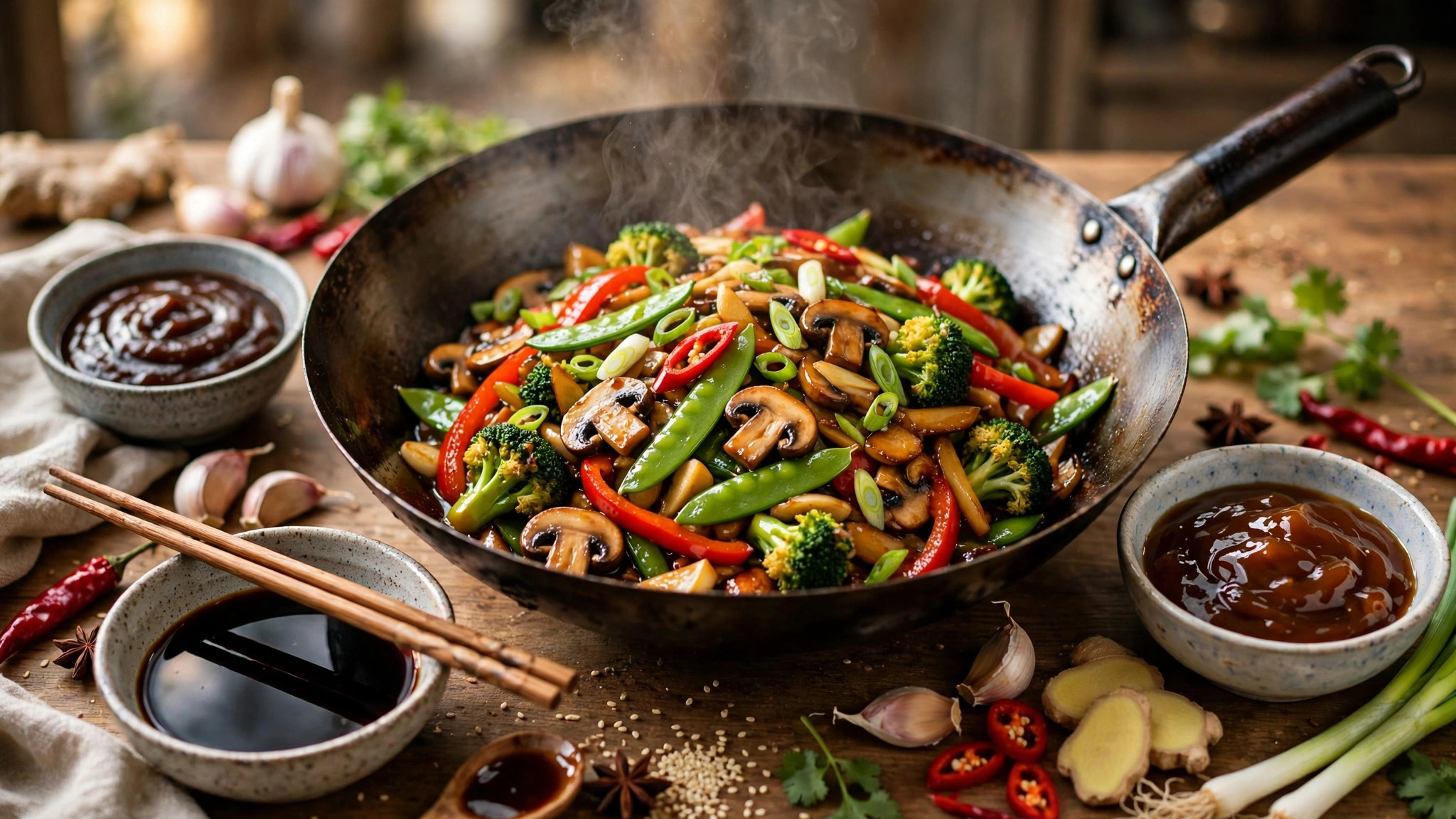 Chinese stir-fry ingredients with small ceramic bowls of sauce substitutes including dark soy sauce, hoisin and oyster sauce, with wooden chopsticks in warm kitchen light