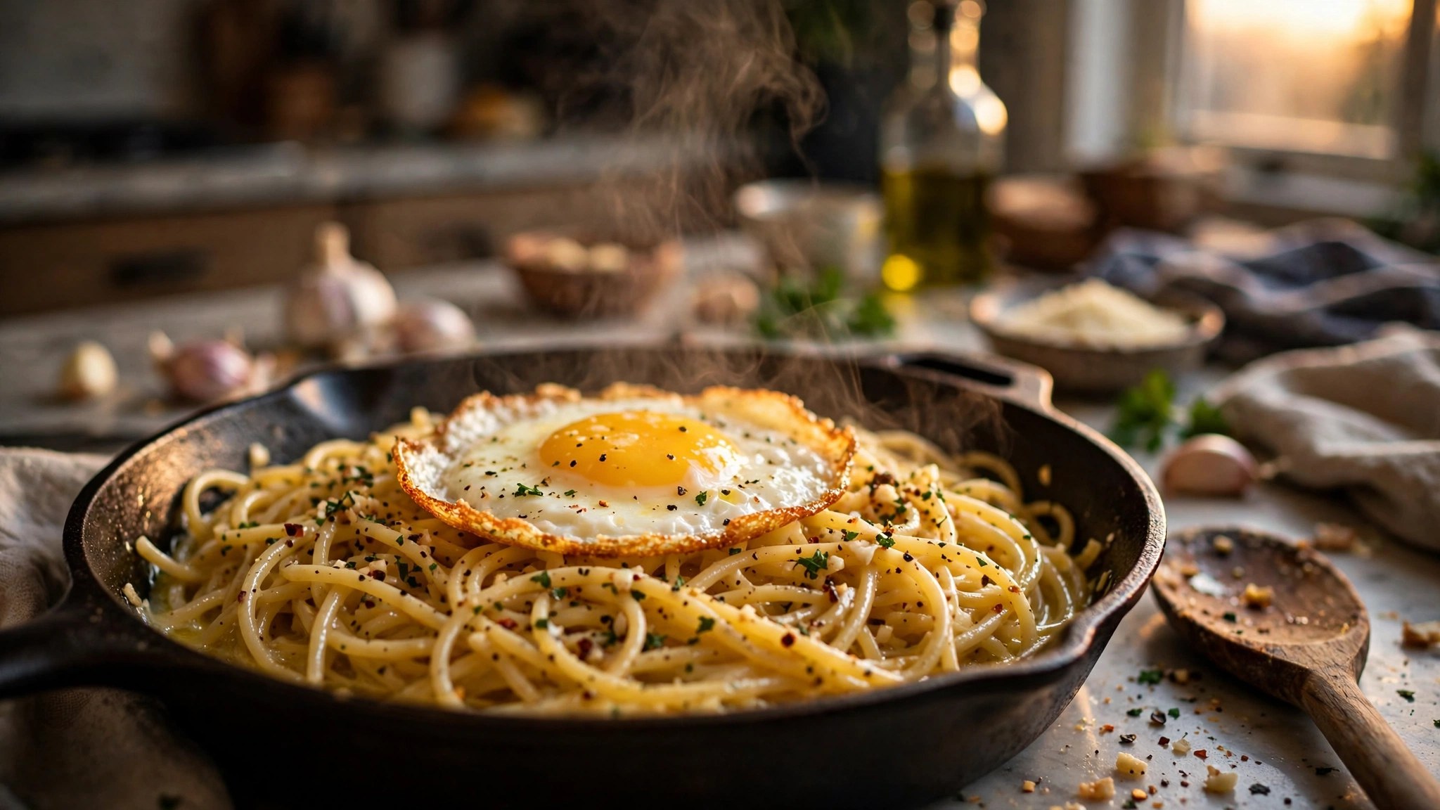 Steaming skillet of 15-minute garlic butter pasta topped with a golden fried egg — the ultimate zero-effort dinner