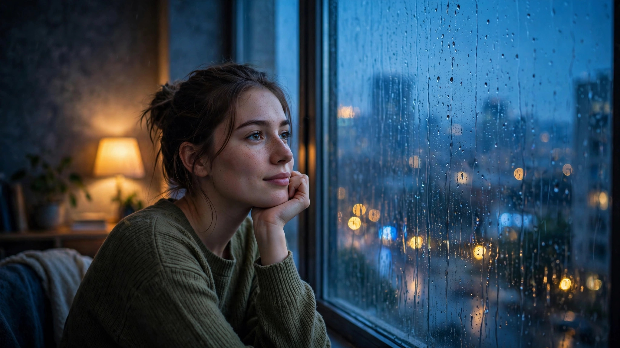 Young woman sitting alone by a rain-streaked window at dusk, thinking about why he pulled away